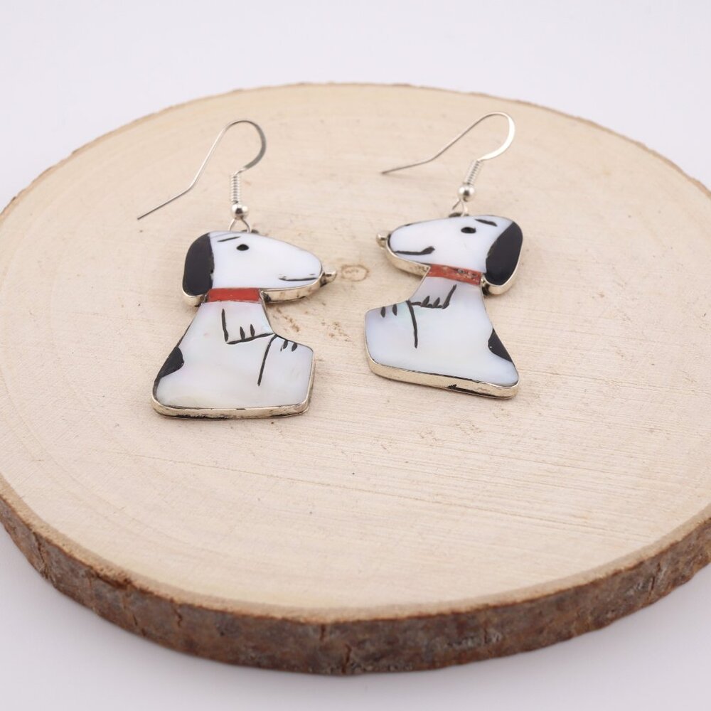 Handmade Zuni Inlay Large Snoopy Dog Dangle Earrings Sterling Silver Jewelry‎ ** - Picture 6 of 15